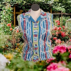 Handmade Sleeveless Button-down Fabric Scrap Ribbon Strip Blouse